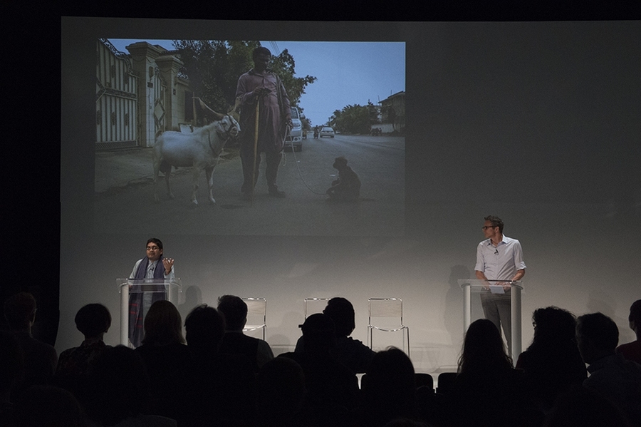 Ahmed Ansari (left) and Jamer Hunt debate about “affirmative design” versus “critical design”
