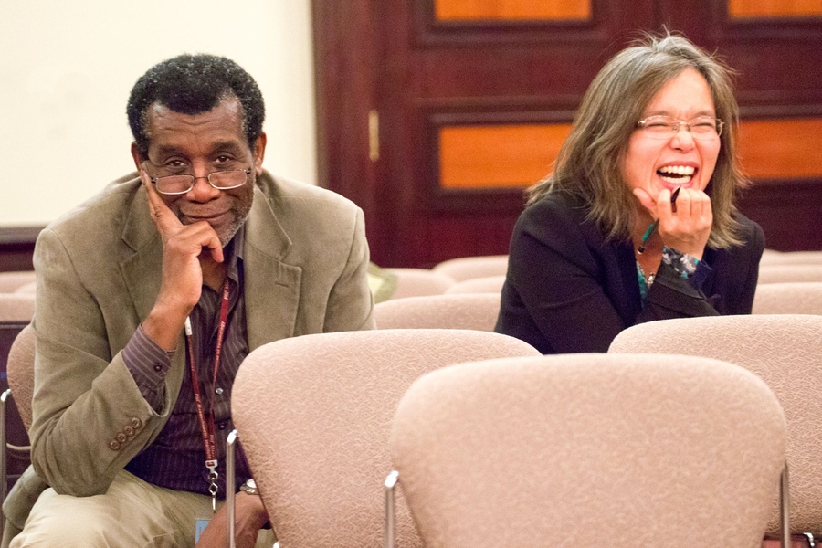 Institute Professor Marcus Thompson (left), the Robert R. Taylor Professor of Music, and Yukiko Ueno Egozy ’99, a pianist teaching Emerson Scholars