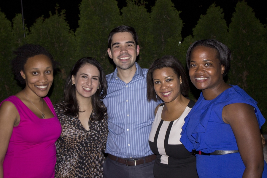 Left to right, Courtney Brown (MITES ’08), Monica Crespo SB ’09 (MITES ’04), Luis Somoza SB ’09 (MITES ’04), Rachael Holmes (MITES ’06), and OEOP Executive Director Shawna Young reconnect at an OEOP alumni mixer held at the Liberty Hotel.