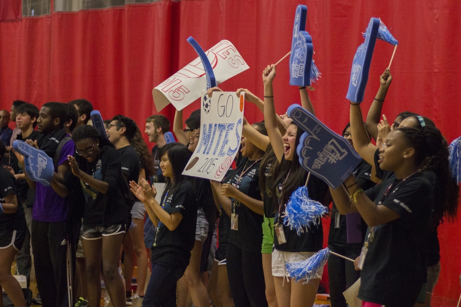 Members of the MITES class of 2015 cheer for their peers during the annual sports tournament between students in MITES and the MIT Office of Minority Education’s Interphase EDGE, a summer program for incoming MIT freshmen. This year, alumni and funders were invited to watch as part of the MITES 40th Anniversary Kick-Off Weekend.