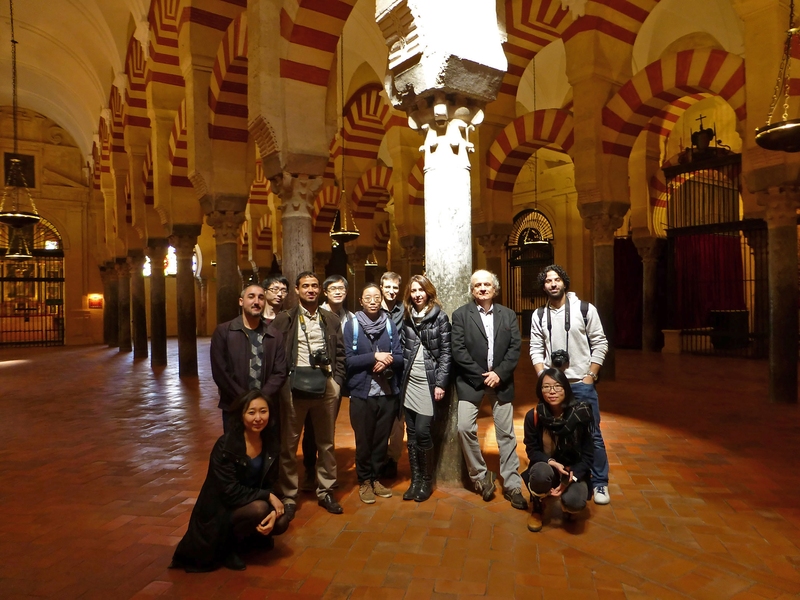 Cross-studio students used the city of Granada, Spain, as a living laboratory for Granada: Design with History, co-taught by architectural design lecturer Cristina Parreño Alonso, and Islamic architecture professor Nasser Rabbat (center, at column). Here, the students visit the Cordoba Mezquita in Granada.
