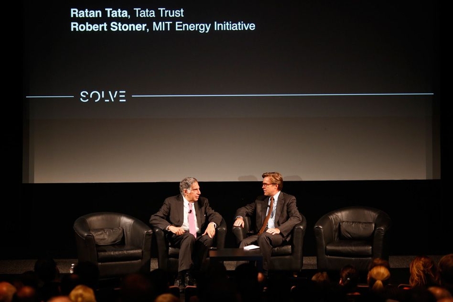 A panel on energy in the developing world featured Ratan Tata, chairman of Tata Trust (left), and Robert Stoner, deputy director for Science and Technology for the MIT Energy Initiative.