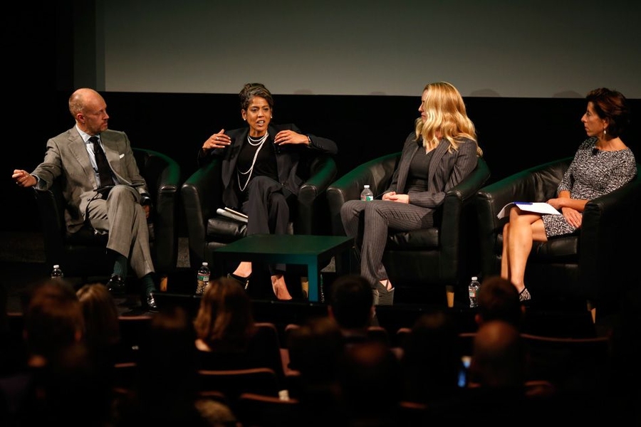 Panelists of "Fireside: Re-Imaging the American High School Experience": (left to right) Jason Pontin, editor-in-chief of MIT Technology Review; Russlynn Ali, CEO of XQ; Laurene Powell Jobs, president of Emerson Collective; and Governor of Rhode Island Gina Raimondo