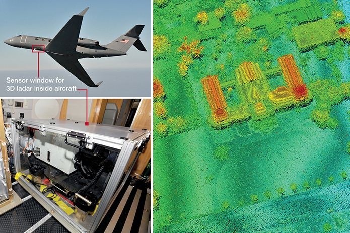 The Lincoln Laboratory-developed Airborne Ladar Imaging Research Testbed (ALIRT, at left) employs innovative Geiger-mode avalanche photodiode arrays to provide wide-area 3-D imagery. ALIRT was used to image the National Palace in Haiti (right) after the 2010 earthquake there.
