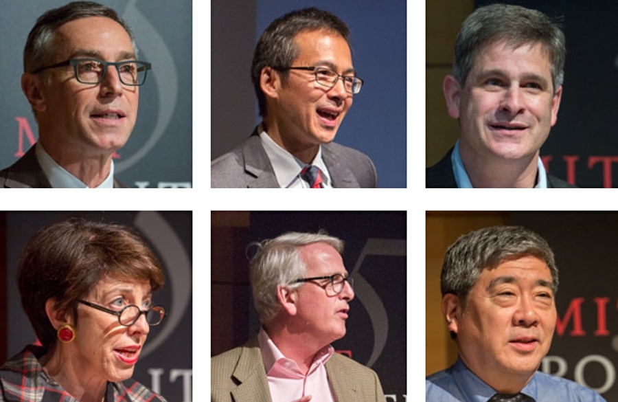 Symposium speakers included: (clockwise from top left) Rick Locke, provost of Brown University and former head, of the MIT Department of Political Science; Archon Fung PhD ’99, acting dean of the Kennedy School of Government; Chappel Lawson, MIT professor of political science and director of the MISTI program; Kenneth Oye, MIT professor of political science; Ivo Daalder PhD ’90, president of t...