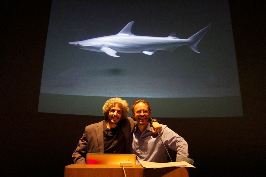 Keith Ellenbogen (left) and Allan Adams present high-speed images at The New England Aquarium Simons IMAX Theater.