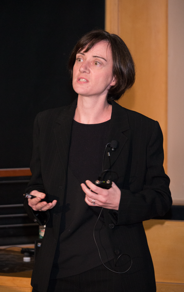 Assistant Professor Edith LeCadre, of Montpellier SupAgro and INRA in France, explains how plant roots can modify their surrounding soil physics, chemistry and biology. LeCadre spoke at the first International Workshop on Alternative Potash at MIT on Nov. 11. Plants absorb more potassium in the presence of soil, she said. 