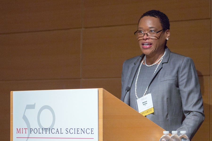 Melissa Nobles, the Kenan Sahin Dean of the MIT School of Humanities, Arts, and Social Sciences and former head of the MIT Department of Political Science, welcomed participants at the department's 50th anniversary symposium.