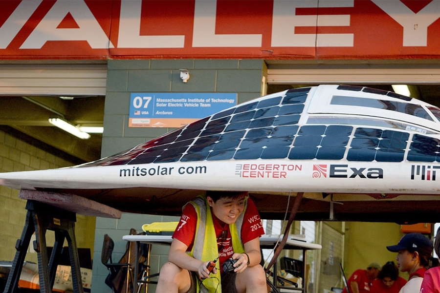 Solar Electric Vehicle Team member Michelle Chao, an MIT junior, works on the solar array.