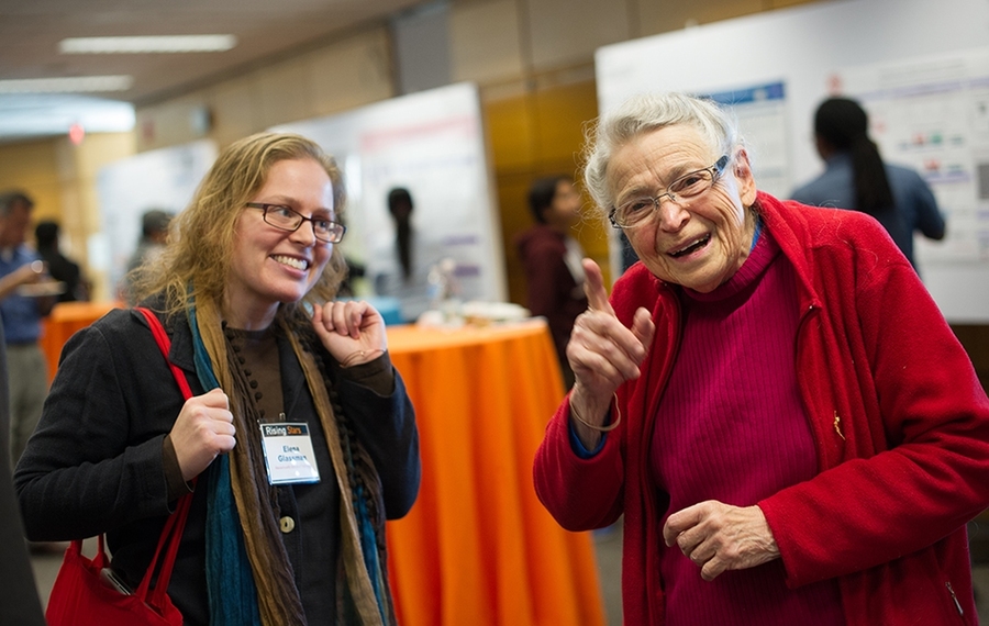 Institute Professor Mildred Dresselhaus (right) and MIT graduate student Elena Glassman. Dresselhaus gave the workshop’s keynote address.