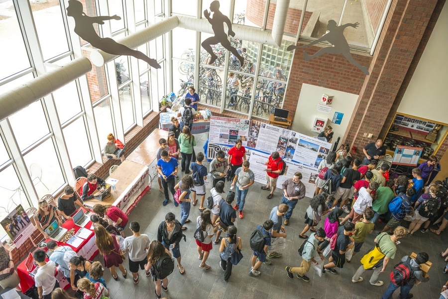 Crowds of students looking at presentation posters