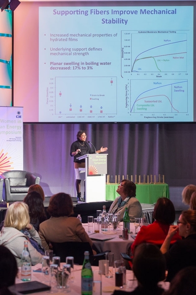 Paula Hammond, the David H. Koch Professor in Engineering and head of the Department of Chemical Engineering at MIT, gives opening remarks at the C3E Symposium.