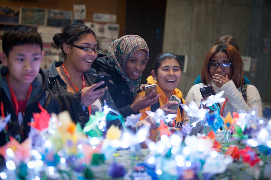 Students watch CSAIL researchers show off a "garden" made of dozens of distinct origami robots that move and change color to demonstrate complex programming algorithms.
