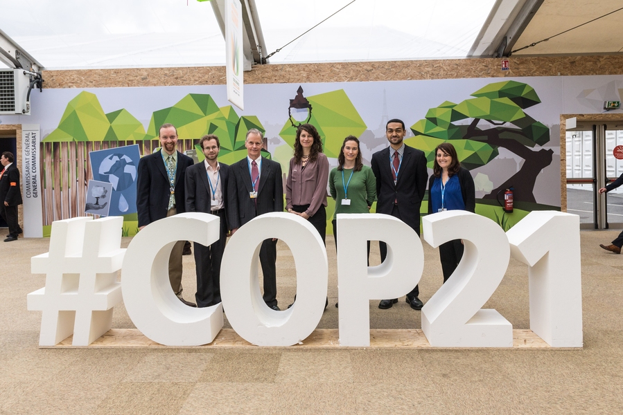 At the 2015 Paris climate talks, MIT faculty, students, staff, and alumni have been observing negotiations and participating in side events. A few of those participating: (l-r) MIT researcher and Climate Interactive director Travis Franck; PhD student Michael Davidson; MIT Center for Collective Intelligence/Climate CoLab Director Thomas Malone; MIT Climate CoLab project manager Laur Fisher; alumna...