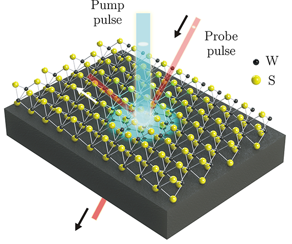 Researchers at the Gedik Lab at MIT use strong ultrafast laser pulses to stimulate changes in material, followed by a weaker probe laser pulse after some time delay to monitor the changes with femtosecond time resolution. Tungsten (W) atoms are black, and sulfur (S) atoms are yellow. 