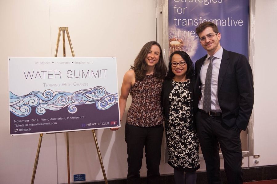 MIT Water Summit organizers Alexis Fischer (left) and Matthew Wilner (right) with Interpret panel speaker Camille Calimlim Touton of the U.S. Department of the Interior