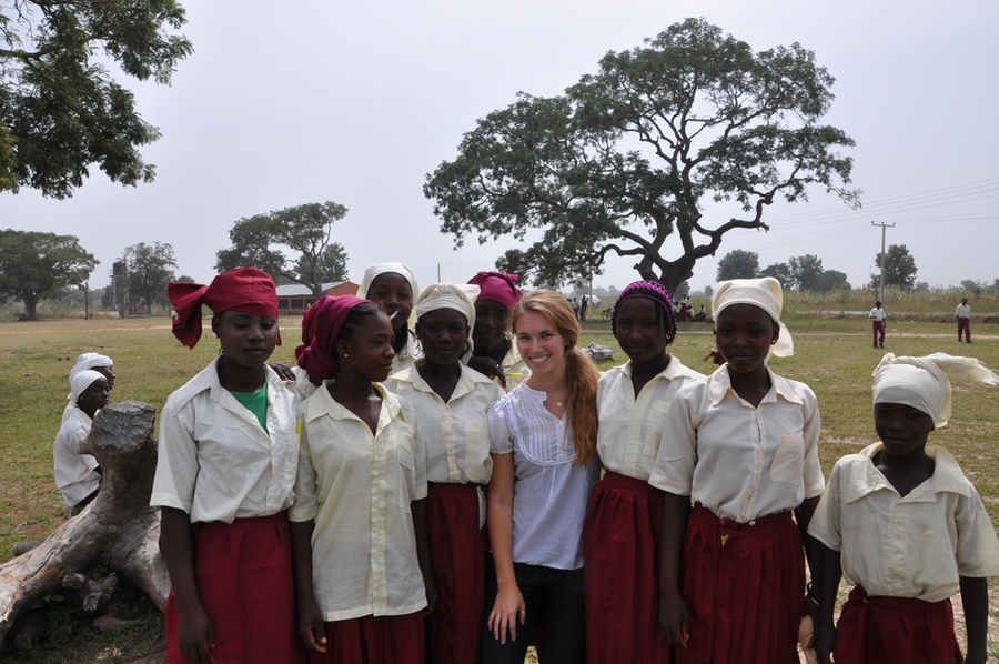 Leah Rosenzweig talking with school girls on a clinic visit in Nigeria