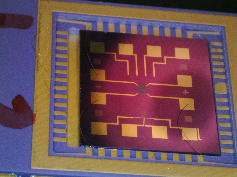 A completed chip with a wired graphene oxide gas sensor. The graphene oxide film is the greenish dot covering the electrode structure.
