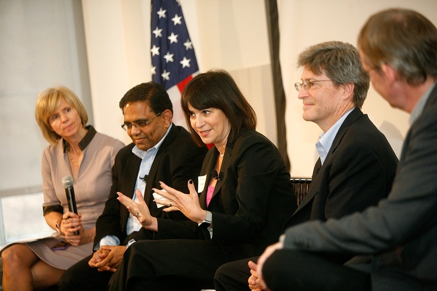 A panel discussed the new Industrial Performance Center (IPC) report: (l-r) Liz Reynolds, IPC executive director; Ash Ashutosh, CEO of Actifio; Diane Hessan, former CEO of Communispace (now Cspace); Bob Mulroy, CEO pf Merrimack Pharmaceuticals; and Colin Angle, CEO of iRobot.