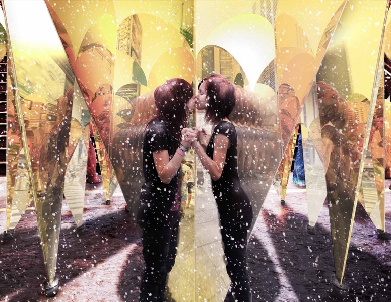 Collective-LOK's pavilion — called “Heart of Hearts” — is a faceted ring of golden, mirrored hearts whose interior space will reach 10-feet high and form diamond-shaped “kissing booths” inside each heart.