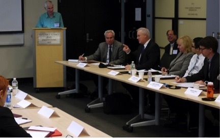 Frank DePaola, general manager of the Massachusetts Bay Transportation Authority, describes one of the challenges of running a growing city system with legacy infrastructure. Also pictured: Nigel Wilson of the MIT Department of Civil and Environmental Engineering (CEE); Frederick Salvucci of CEE; John Attanucci of CEE, Isabelle Trottier of the Transport Society of Montréal (STM); and Alfred Ka Ke...