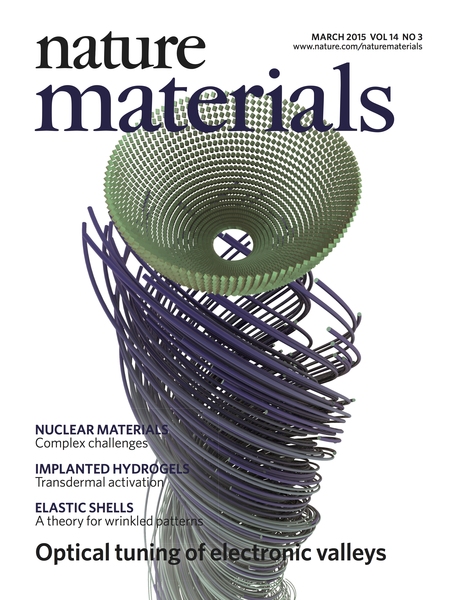 <i><a href=http://www.nature.com/nmat/journal/v14/n3/index.html>Nature Materials</a></i> cover illustrates a tornado-like whorl of light, lifting an electronic band in monolayer tungsten disulfide to a higher energy state, which widens the band gap in the material.