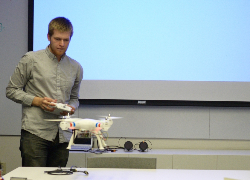 Sterling Harper demonstrates a Geiger counter-equipped quadcopter drone.