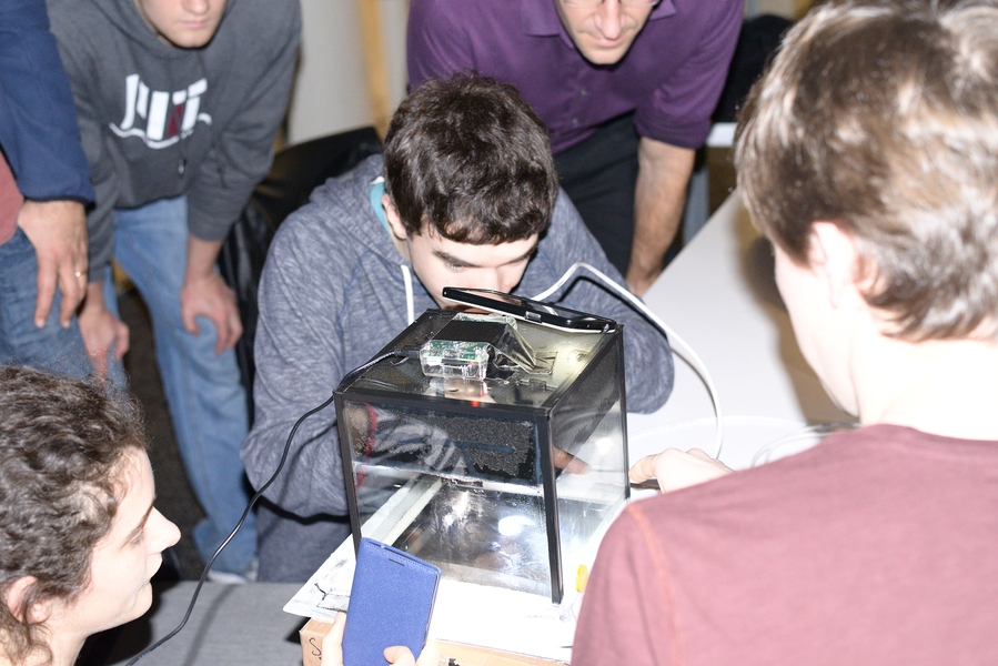 Grad student Max Carlson watches particle tracks through a cloud chamber, made by sophomore Caralyn Cutlip (lower left) and freshman Nolan Peard (lower right).