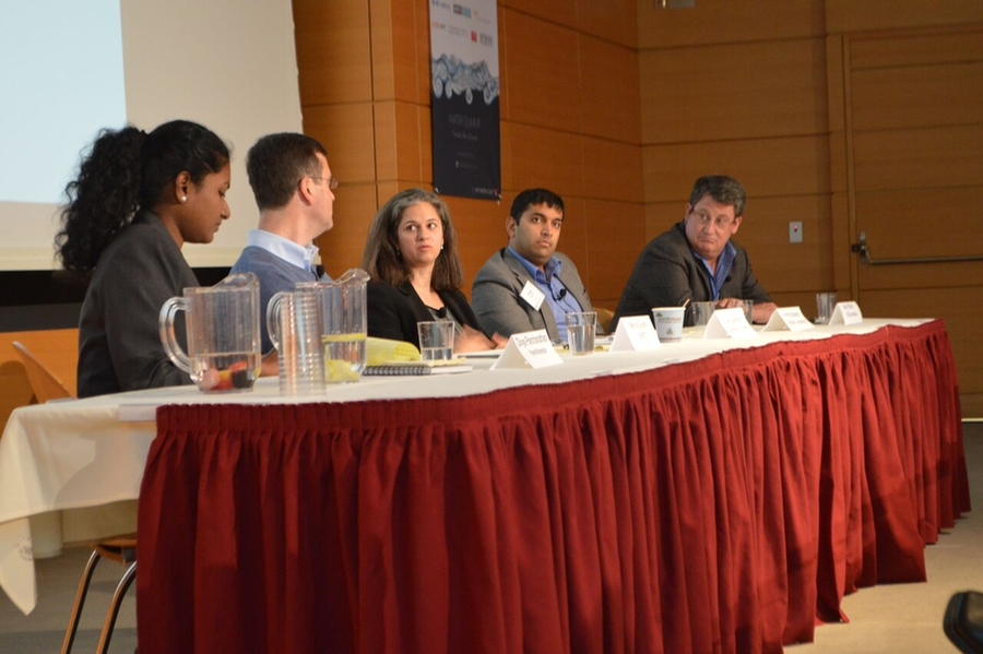 The Innovate panel at the 2015 MIT Water Summit: (from left) Divya Panchanathan, Marcus Quigley, Noel Bakhtian, Anurag Bajpayee, and Mark Ellison