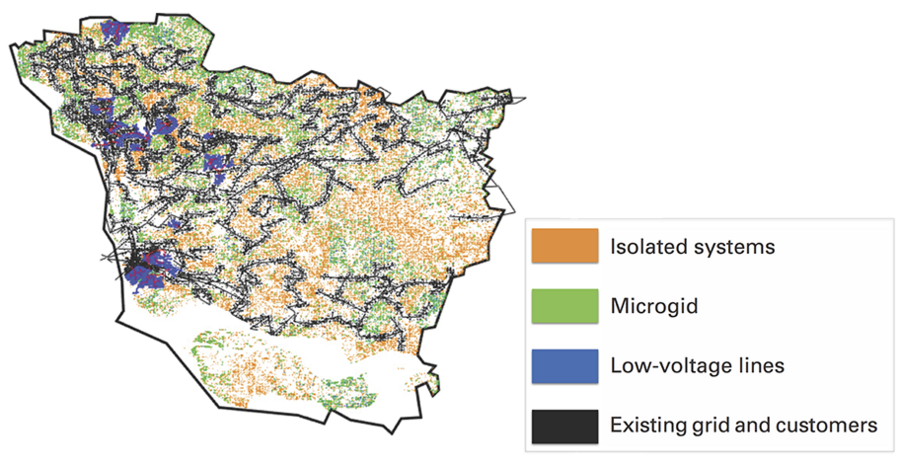 Figure 1: This map shows the results of using the Reference Electrification Model (REM) — a computer program designed at MIT with collaboration from IIT-Comillas University — to determine a minimum-cost electrification solution for each of the approximately 400,000 buildings estimated to be non-electrified in the Vaishali district in Bihar, India. The program assigns each building to either a ...