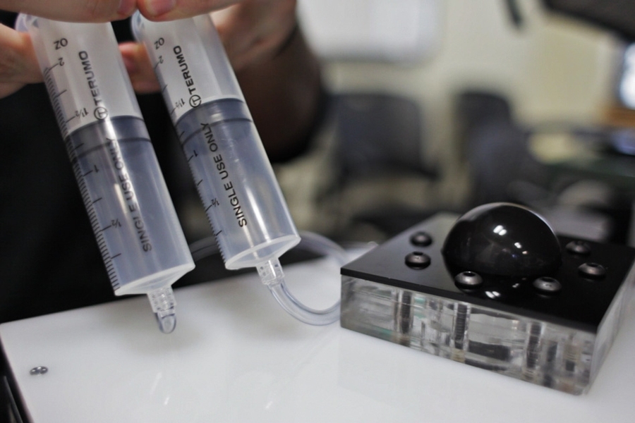 A view of the experiment showing the inflated PDMS material. 