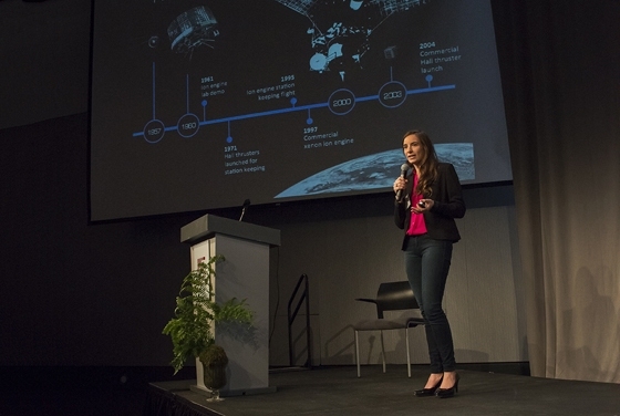 Accion Systems president Natalya Brikner presents her satellite propulsion technology at the 2014 MIT Sloan Women in Management Conference.