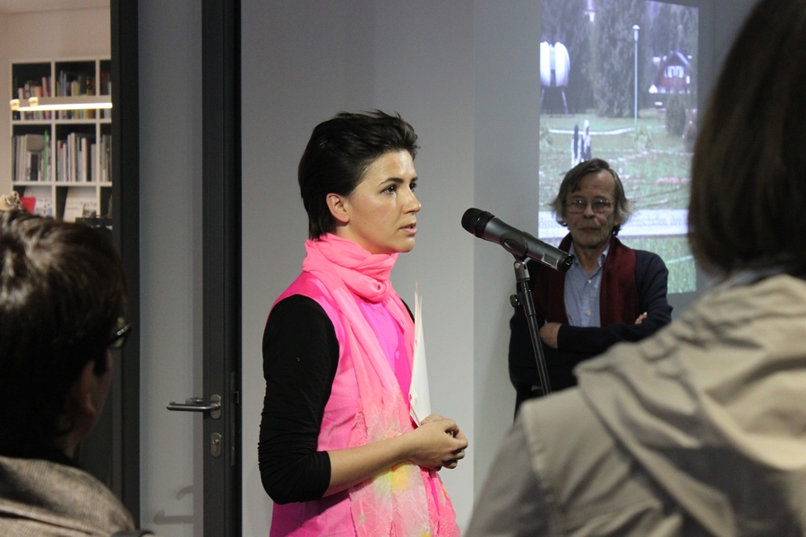 Azra Akšamija speaks at the opening of the 2013 exhibition "Interior View Southeast — Investigations of Islamic Spaces," which she curated at the vai (Vorarlberg Architecture Forum) in Dornbirn, Austria.