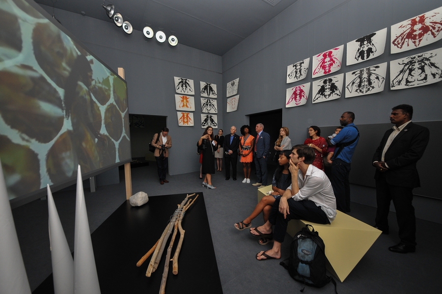 Professor Ute Meta Bauer, NTU CCA Singapore director and former director of MIT ACT director, gives a tour at the opening of "They Come to Us without a Word" at NTU CCA Singapore.