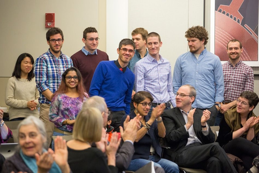Graduate students who worked on the LIGO project are recognized at the MIT event.