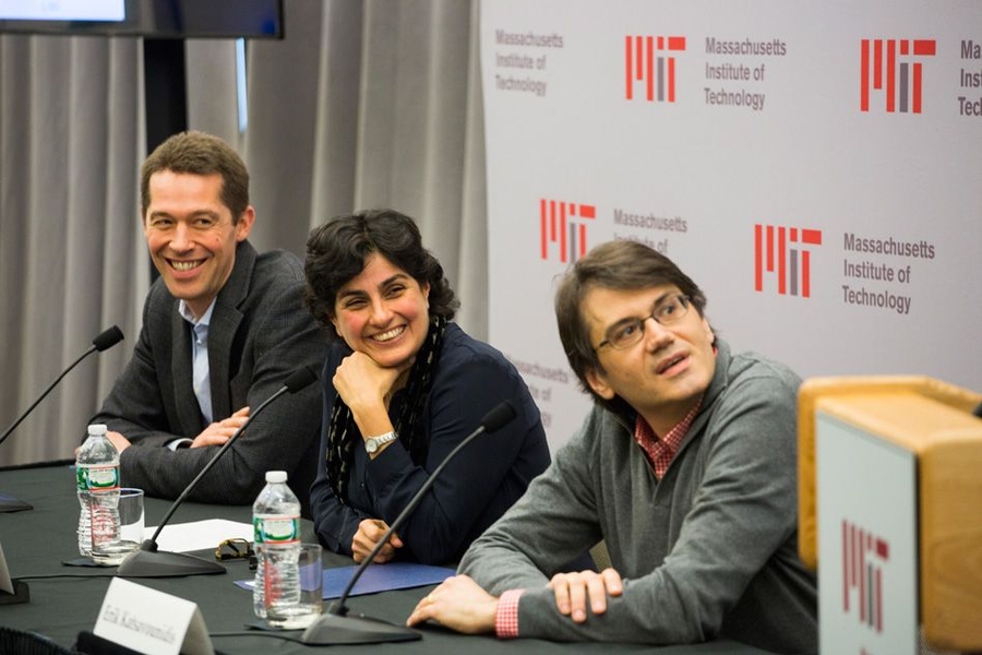 LIGO scientists (from left) Matthew Evans, Nergis Mavalvala, and Erotokritos Katsavounidis discuss the research with audience members at the MIT event.