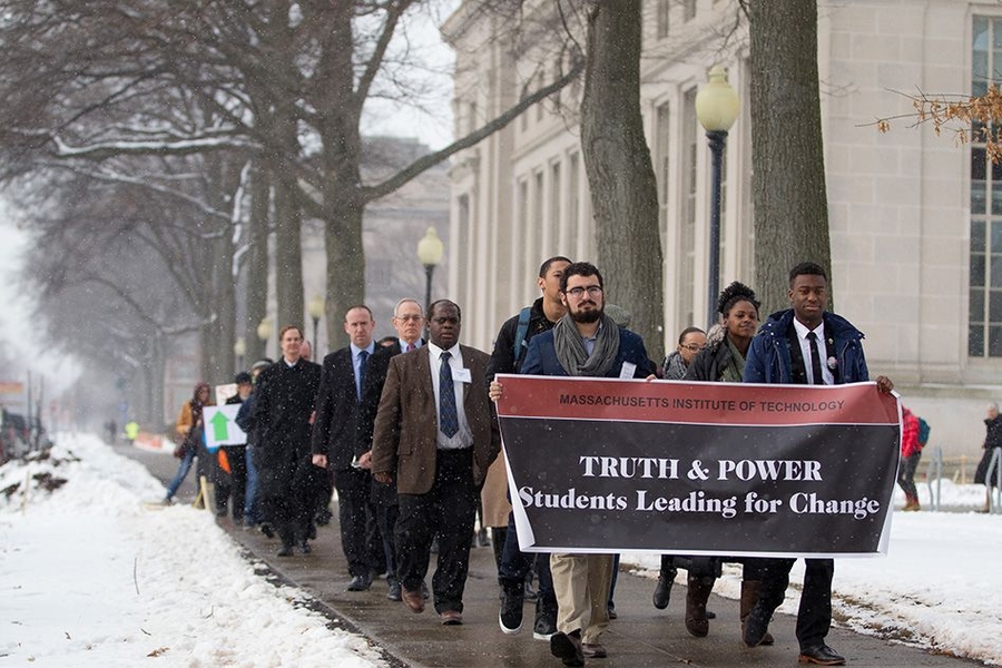 "Truth & Power: Students Leading for Change" began with a silent march starting at Lobby 7 and ending at Walker Memorial Hall.