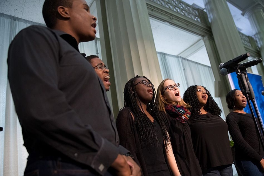 The MIT Gospel Choir sings during luncheon.