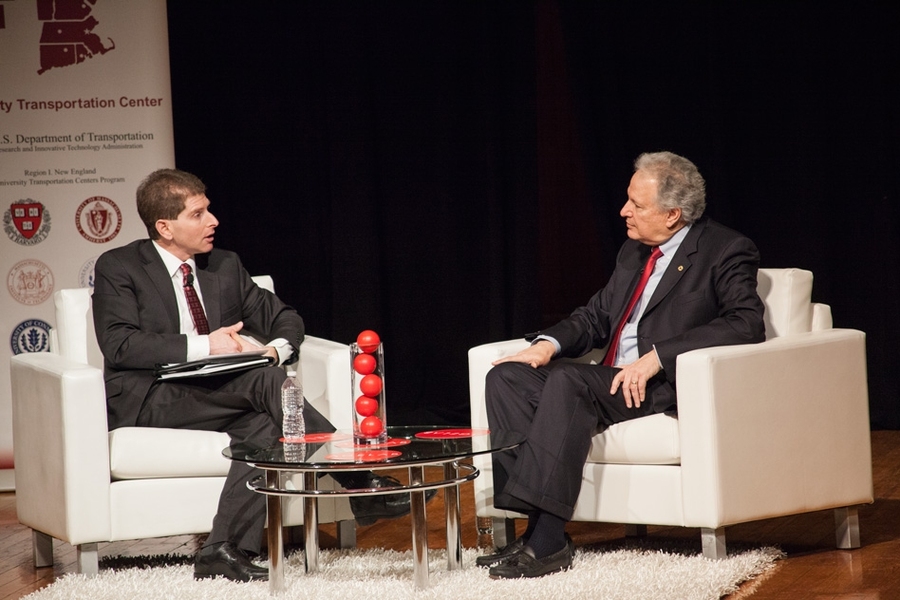 Bryan Reimer (left), associate director of the MIT New England University Transportation Center, speaks with Mark Rosalind, administrator of the National Highway Traffic Safety Administration, at “The Present and Future of Automated Driving.”
