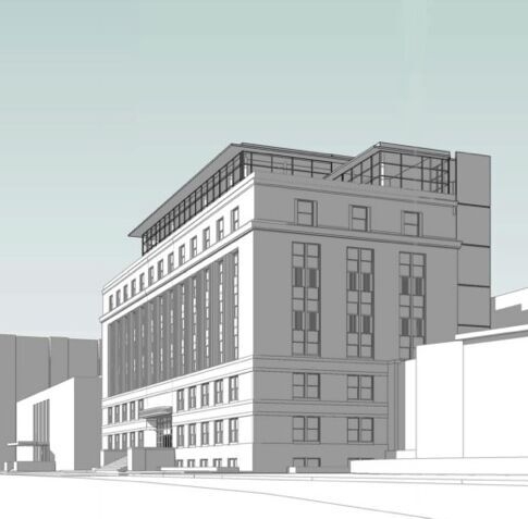 An architect’s rendering depicts the glass-enclosed Samberg Conference Center atop The Morris and Sophie Chang Building.