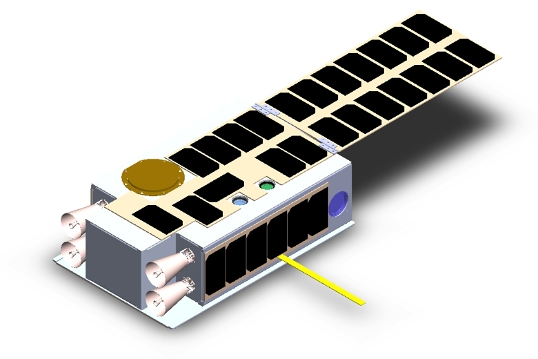KitCube includes four thrusters, a fuel tank in the middle, and a deployable solar panel. It is so named for its resemblance to a kit, or baby beaver — the mascot of MIT.