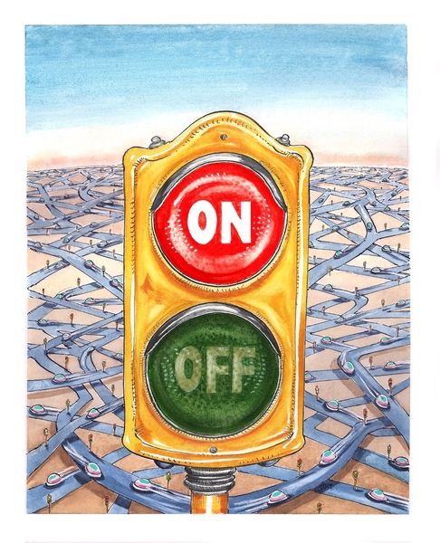 Cartoon stoplight with red "on" light illuminated. Green "off" light is dark.