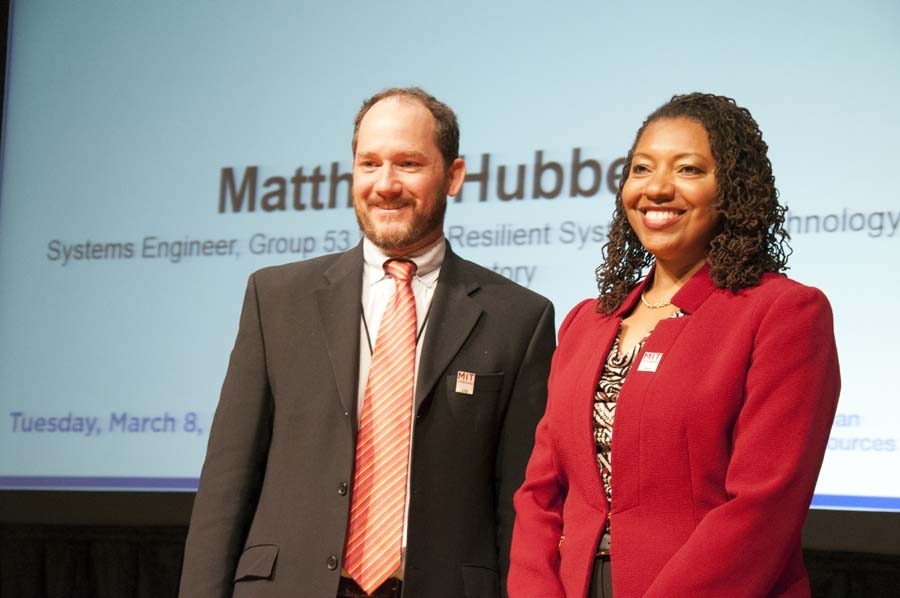 Matthew Hubbell, winner of the Sustaining MIT award, with Lorraine A. Goffe-Rush, vice president for human resources.