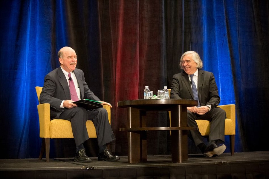 Innovation, Ernest Moniz said, is “the essence of America’s strength.” Shown here is Moniz (right) with Robert Armstrong, director of the MIT Energy Initiative.