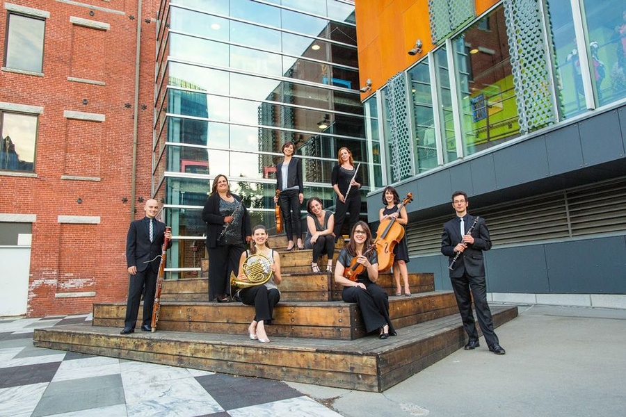 Radius Ensemble (left to right, from top): Noriko Futagami Herndon, viola; Sarah Brady, flute; Jennifer Montbach, oboe and artistic director; Sarah Bob, piano; Miriam Bolkosky, cello; Adrian Morejon, bassoon; Anne Howarth, horn; Gabriela Diaz, violin; Eran Egozy, clarinet. 