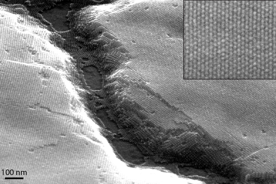 A scanning electron micrograph of a nanocrystal superlattice shows long-range ordering over large domains.