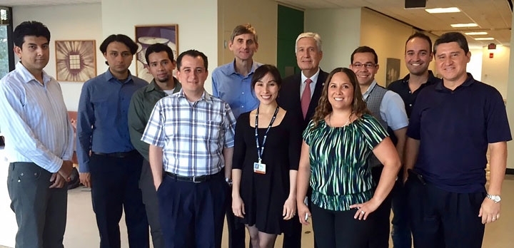 The inaugural cohort in the Monterrey Tec program: (left to right) Daniel Olvera Trejo, José Israel Martinez-López, David Isaac Ibarra-Zarate, Rodrigo Balam Muñoz Soto, MIT professor and Microsystems Technology Laboratories Director Jesús del Alamo, Grissel Trujillo-de Santiago, Tecnológico de Monterrey Rector David Noel, Patricia Jacques, Mario Moisés Alvarez, José González-Valdez, and Ge...