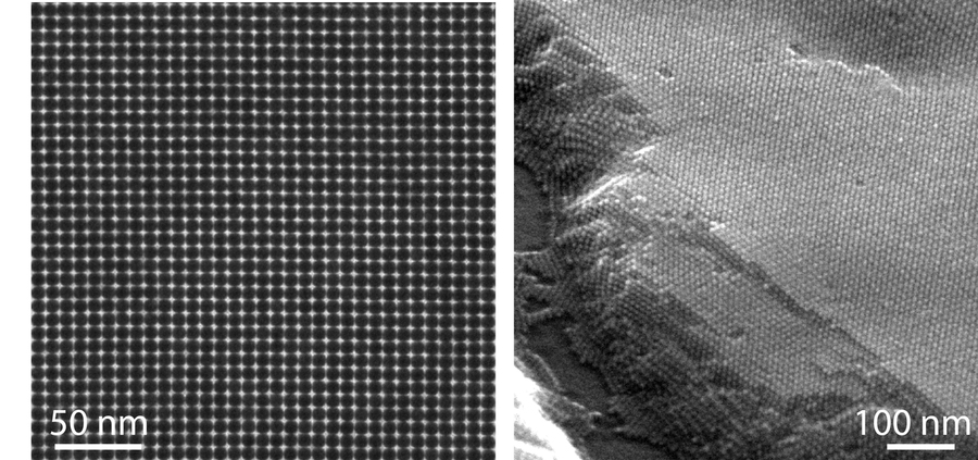 At left, a transmission electron micrograph shows a lead sulfide (PbS) nanocrystal superlattice. At right, a scanning electron micrograph shows thickness and long-range ordering of PbS nanocrystals.