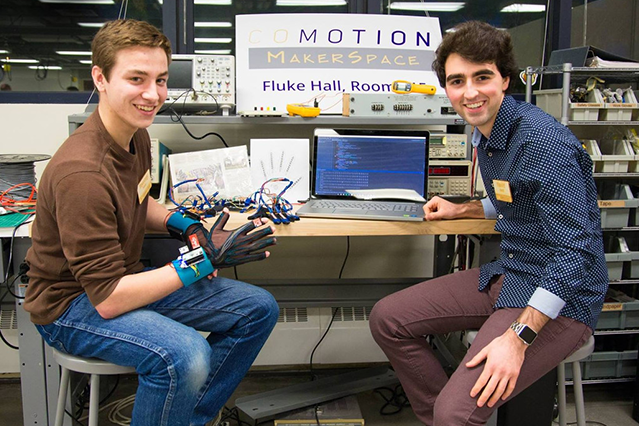 Thomas Pryor (left) and Navid Azodi of the University of Washington are the $10,000 Lemelson-MIT “Eat it!” Undergraduate Winners for their invention SignAloud, gloves that translate sign language into text and speech.
