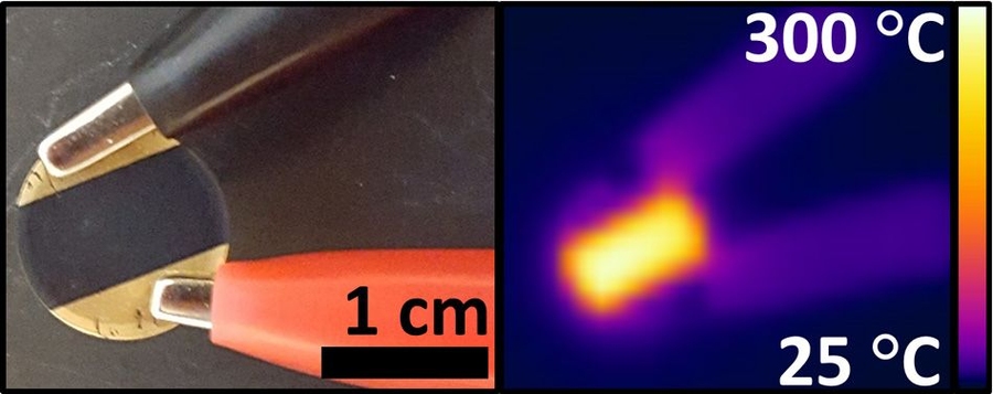 A simple heating device made by the researchers from unrefined pulverized coal, shown at left under visible light and at right in infrared light, showing the heat produced by the device.